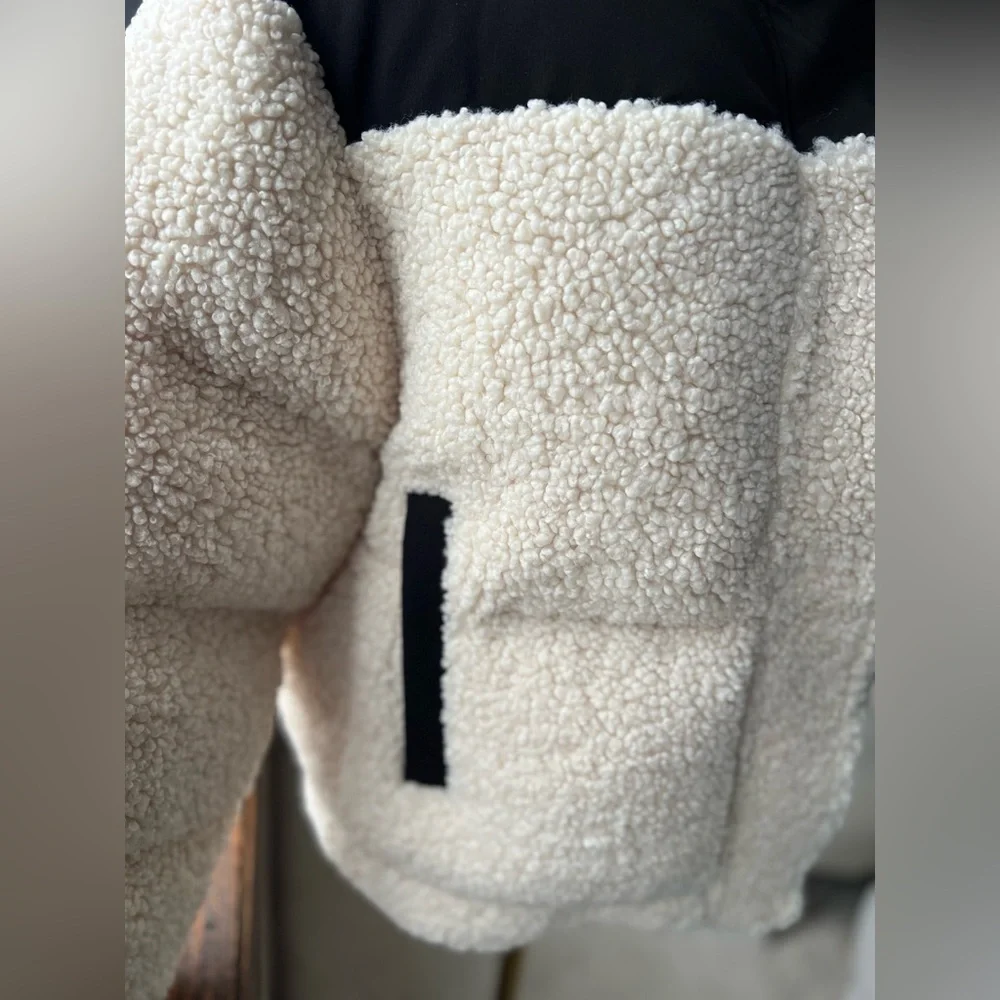 Maje Black Cream High Pile Fleece Faux Shearling Hoodie Puffer Jacket Sz 0 (XS) - Picture 12 of 16